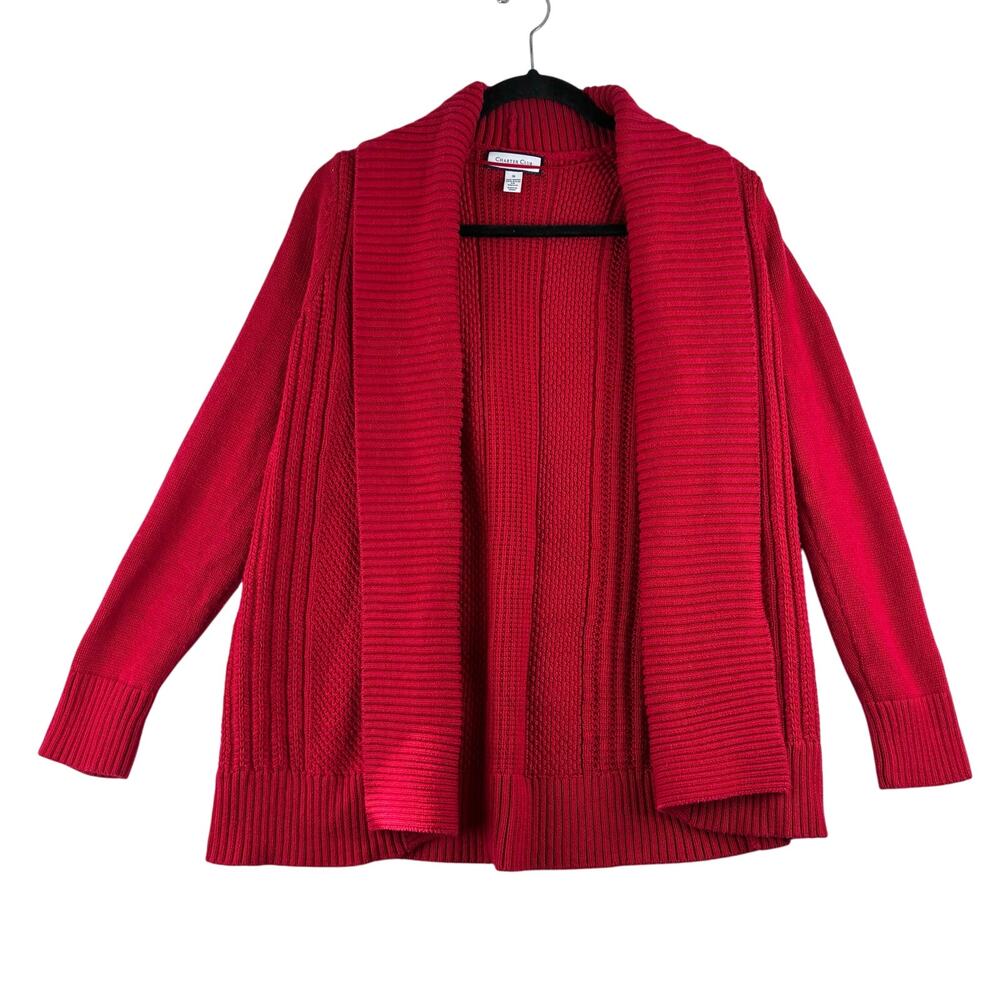Charter Club Chunky Knit Cardigan Sweater Women's Small Red Cotton Nylon Blend